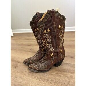 Bodacious Boot Co. 100% Leather Women Size 7 Cowboy Boots Brown Gold Rhinestone
